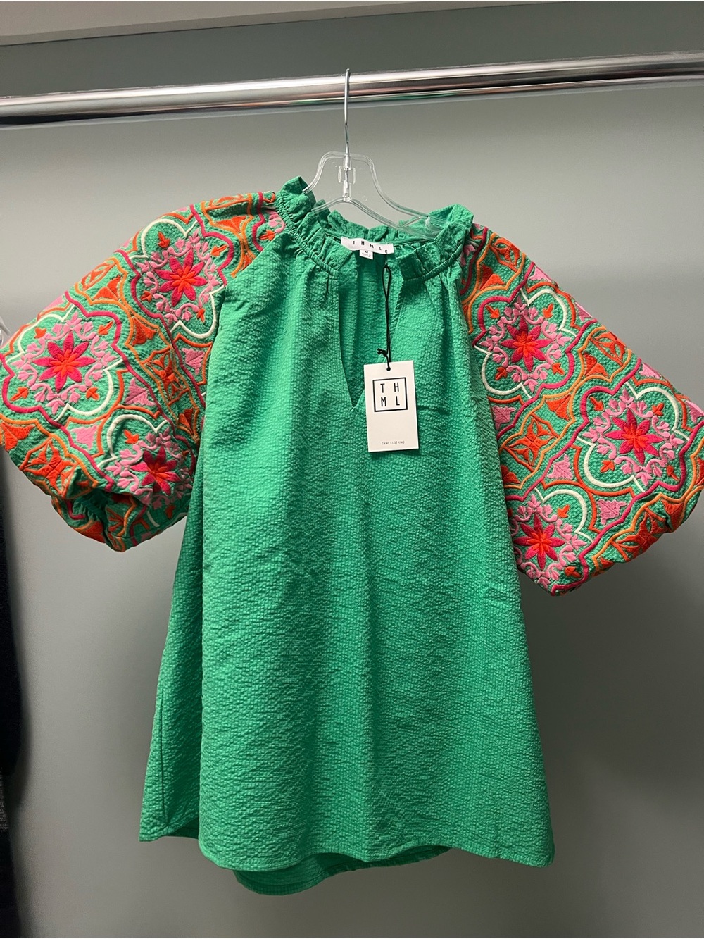 THML Green Blouse with Embroidered Pink & Orange Puffy Sleeves